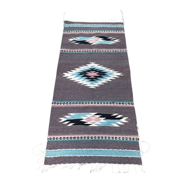 Handwoven Southwestern Aztec Tribal Wool Rug Gray Table Runner Blue Grey Fringe - Picture 4 of 5